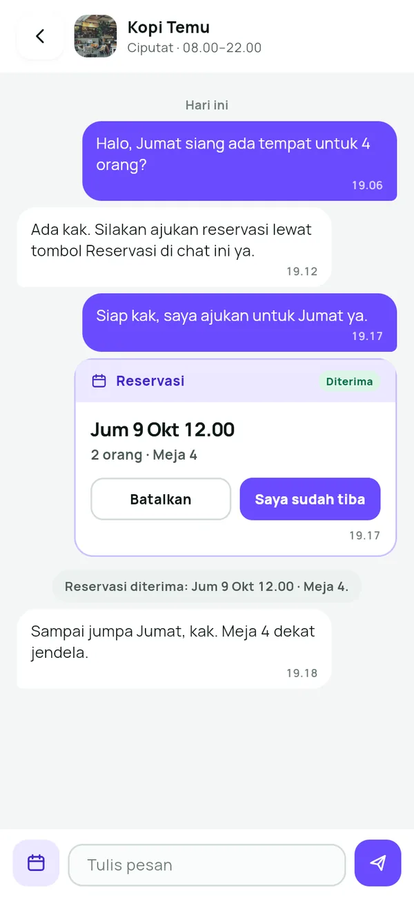 Chat Affiliate dengan resto: reservasi Jumat 12.00 untuk 2 orang diterima di meja 4